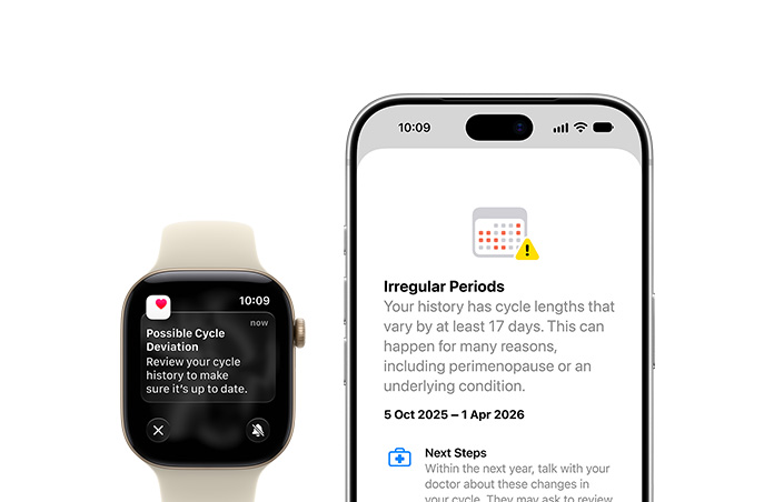 iPhone 18 Pro 及 Apple Watch Series 12，淺金色鋁金屬錶殼配以沙色運動錶帶，展示健康 app 經期追蹤功能更新顯示疑似經期異常