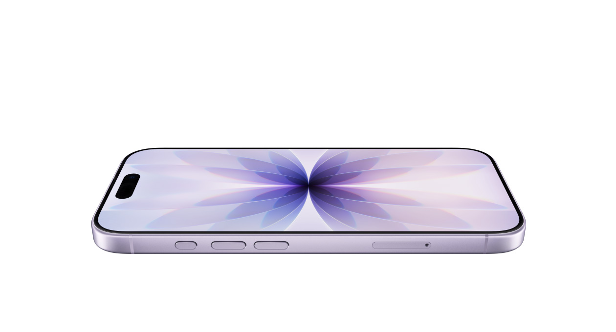iPhone 17 Ceramic Shield elő­lappal, Levendulaszínű  oldalnézetből, Művelet gomb és a hangerőgombok,és Dynamic Islanddel a készülékek felső részén középen