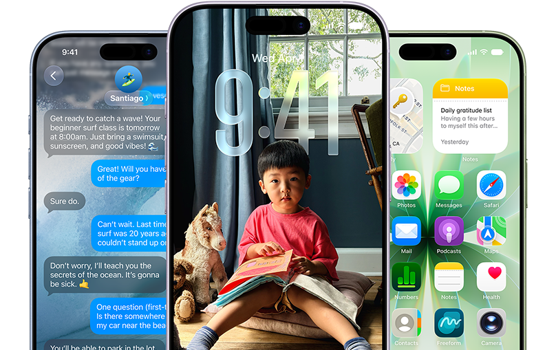 iPhone 17 készülékek elölnézetből, színek: párakék, levendula, zsályazöld, az iOS funkciói: háttér az Üzenetekben, Liquid Glass a zárolási képernyőn, illetve különféle alkalmazások a főképernyőn