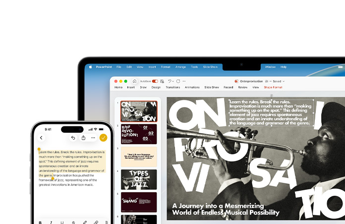 Egy iPhone 16 Pluson szöveg van kiemelve a Jegyzetek appban, egy MacBook Airen pedig egy PowerPoint-dia van megnyitva, amelyen látható a Jegyzetekben kijelölt szöveg