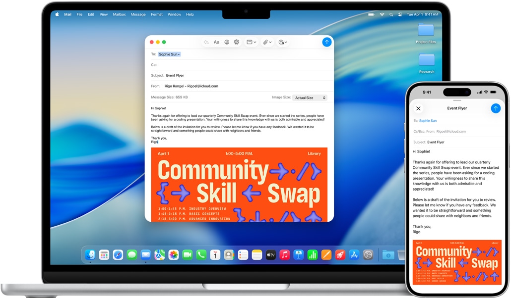 iPhone 16 Plus és 13 hüvelykes MacBook Air, a Mail app van megnyitva, ugyanaz az e-mail-vázlat látható mindkét kijelzőn