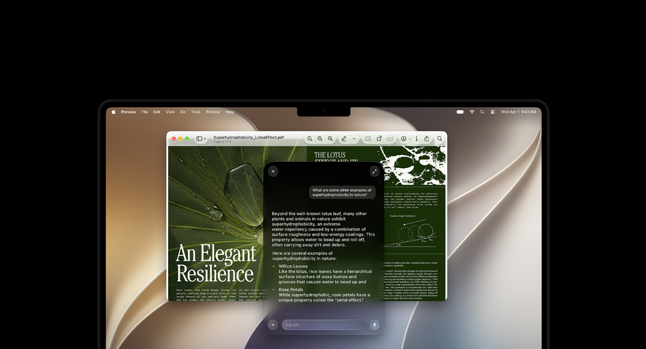 Egy 14 hüvelykes asztrofekete MacBook Pro, kijelzőjén „An Elegant Resilience” (A kitartás eleganciája) című dolgozat, felette egy kérdés Sirinek és az arra adott válaszok