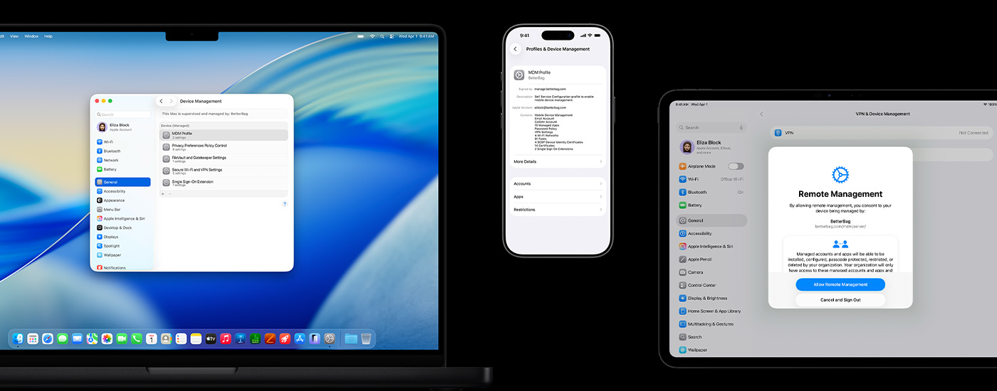 Tampilan tiga perangkat Apple: Di sebelah kiri, komputer Mac menampilkan jendela Manajemen Perangkat. Di bagian tengah, iPhone menampilkan pengaturan profil MDM (Manajemen Perangkat Seluler). Di sebelah kanan, iPad menampilkan jendela Manajemen Jarak Jauh.