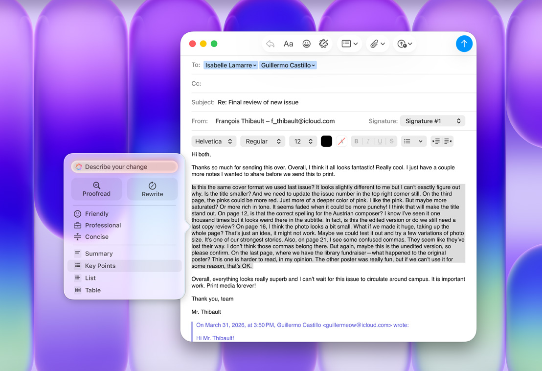 Panel Alat Menulis Apple Intelligence di aplikasi Mail, opsi Poin Penting disorot
