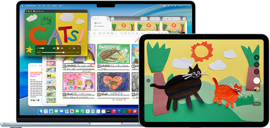Mac dan iPad menampilkan presentasi kreatif dengan hewan bertekstur, menunjukkan keserbagunaan perangkat
