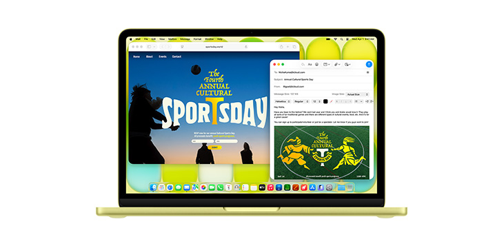 Demonstrasi aplikasi seperti Microsoft PowerPoint, Pesan, dan Pages di MacBook Pro 14”.