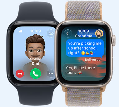 Apple Watch SE 3 devices, screens: incoming call from Dad, Messages with Grandma