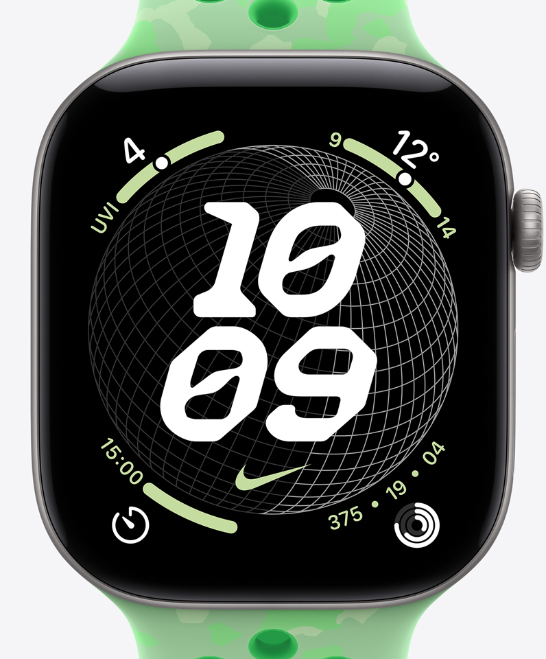 Nike Globe watch face, time, Nike Swoosh logo, complications: UV index, weather, timer, Activity Rings
