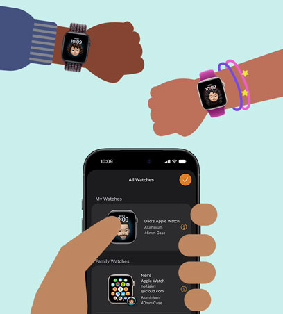 Apple Watch for Your Kids, cartoon illustration of kids' wrists wearing Apple Watch SE 3 paired to iPhone in parent's hand