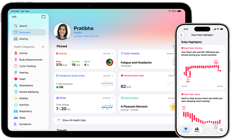Health app with summary of health information including activity, cycle tracking, headphone audio levels, resting heart rate, sleep state of mind