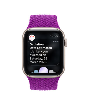 Apple Watch Series 12, aluminium case, space grey colour, ovulation date estimated notification, Braided Solo Loop strap, magenta colour