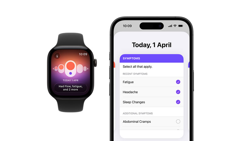 Apple Watch Series 12, titanium case, natural color, Sport Band, black color, Cycle Tracking app, daily symptoms selector open on paired iPhone