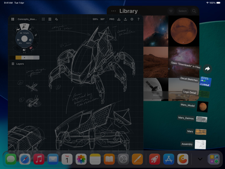 3 iPad Pro devices, front exterior, landscape orientation, space black, Apple Pencil Pro atop iPad Pro, 3 displays showing photo editing apps with open projects of a model on a red background, sketches of mechanical designs with colour adjustment tools, photo library, downloads folder files fanned out, 3D modeling software with geometric shapes and handwritten annotations and formulas