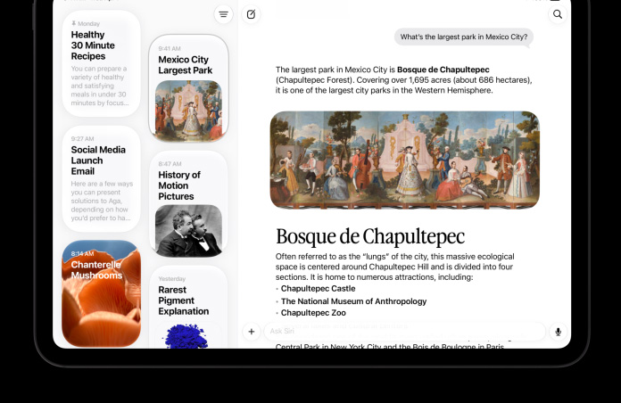 iPad Pro 11, Space Black, front screen shows Siri app displaying an active Siri AI conversation and previous conversations in sidebar.