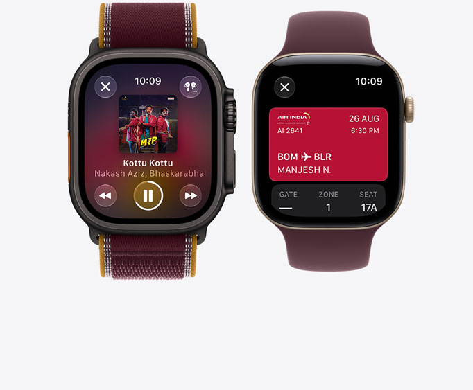 Apple Watch Ultra 4, titanium case, black color, Apple Music app, now playing screen, Trail Loop band, burgundy color; Apple Watch Series 12, aluminum case, light gold color, Sport Loop band, burgundy color
