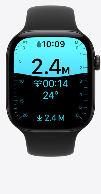 Apple Watch Series 12, alumninum case, space grey colour, Depth app screen, dive at 8 feet