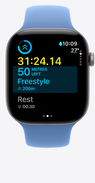 Apple Watch Series 12, aluminium case, space gray color, Workout screen tracks Pool Swim, metrics onscreen, Sport Band, wildflower blue color