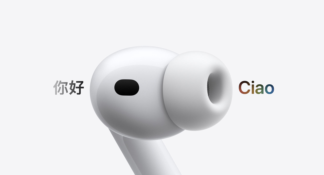 AirPods Pro 3, auricolare con cuscinetto in silicone, la funzione Traduzione in tempo reale sostituisce la parola in spagnolo “hola” con la parola italiana ”ciao”