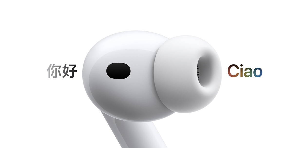 AirPods Pro 3, auricolare con cuscinetto in silicone, la funzione Traduzione in tempo reale sostituisce la parola in spagnolo “hola” con la parola italiana ”ciao”