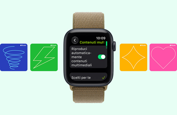 Apple Watch SE 3, aluminum case, midnight color, screen shows Media Player, right side exterior, Digital Crown dial, Sport Loop band, olive color (earthy green), background Apple Music graphic cards: whirlwind, lightning, diamond and heart illustrations