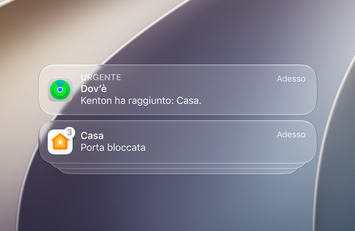 Schermata di blocco con le notifiche delle app Dov’è e Casa.