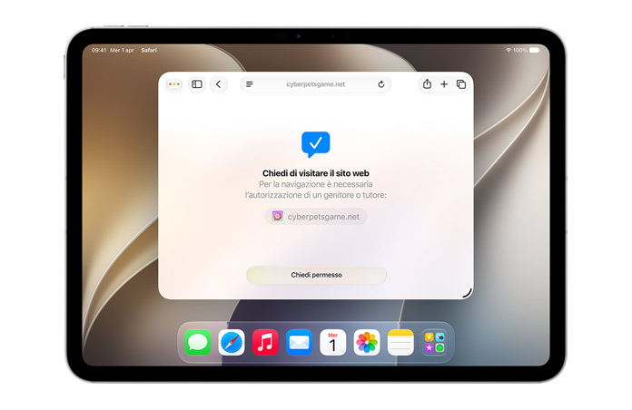 iPad con l’interfaccia della funzione “Chiedi di navigare”, e un messaggio che invita l’utente a richiedere l’autorizzazione a navigare usando il pulsante “Chiedi permesso”.