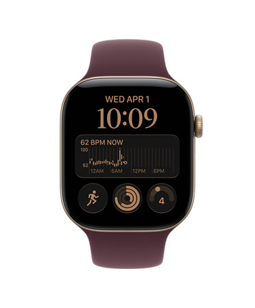 Apple Watch Series 12, cassa in alluminio color oro chiaro, app Battito, variabilità della frequenza cardiaca media 72 ms, cinturino Sport color borgogna