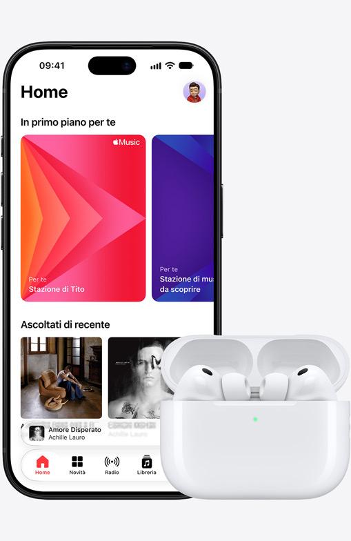 iPhone 18 Pro, front exterior, Apple Music homescreen displayed on screen, next to Airpods Pro 3 in open MagSafe Charging Case