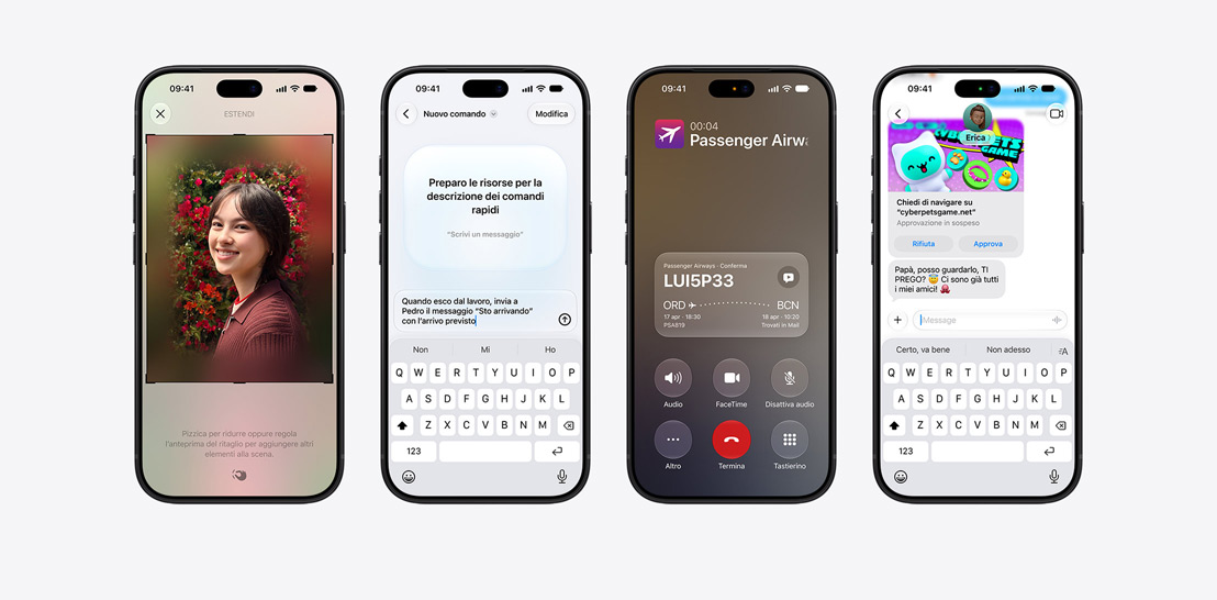 Four iPhone 18 Pro models, close-up front exteriors, each displaying various iOS features. From left to right, iPhone 18 Pro, screen displaying a team debrief being scheduled by Siri AI, iPhone 18 Pro, screen displaying the Siri App, grid of cards representing past interactions, featuring topics like “Healthy 30 Minute Recipes,” “Mexico City Largest Park” with an accompanying image, and “Social Media Launch Email”, iPhone 18 Pro, screen displays an active phone call with “Passenger Airways” with a Call Context card on the bottom of the screen with relevant flight confirmation details, including the booking code, route from JFK to RAK, and flight times, with a note indicating the information was “Found in Mail”, iPhone 18 Pro, screen displays a conversation with Siri AI, asking about the color of a tablecloth.