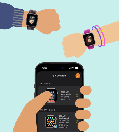 Apple Watchの子ども向け設定のイラスト。子どもたちの手首に装着されたApple Watch SE 3が保護者の手の中にあるiPhoneとペアリングされている