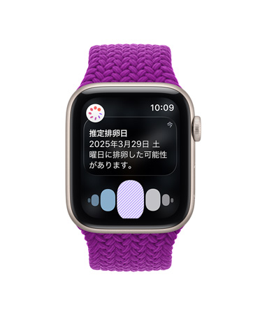 スペースグレイアルミニウムケースのApple Watch Series 12。推定される排卵日の通知が表示されていて、マグネタのブレイデッドソロループバンドが取りつけられている