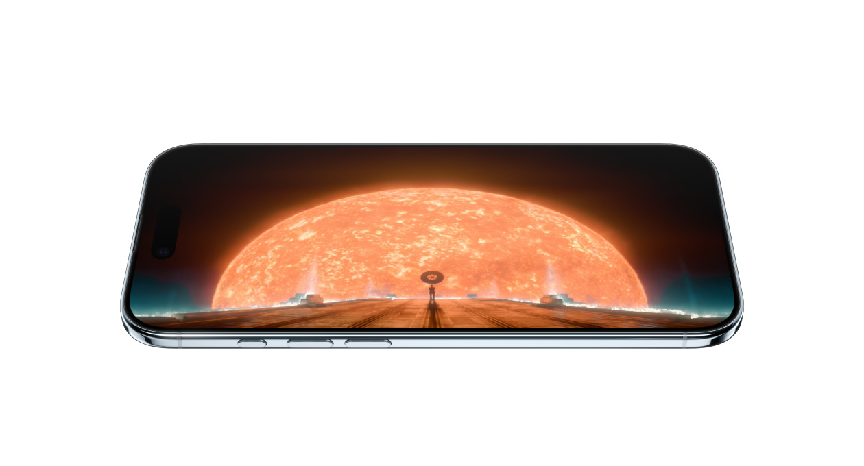 iPhone Airの前面と側面の外観。Apple TVのシリーズ「ファウンデーション」のワンシーンの静止画像が表示されている