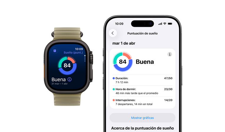 Apple Watch Ultra 4, caja de titanio, color negro, gráfica circular y puntaje de Puntuación de Sueño, correa Ocean, color alga marina translúcido (café verdoso pálido), análisis completo del sueño abierto en un iPhone enlazado