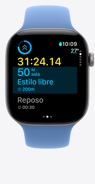 Apple Watch Series 12, caja de aluminio, color gris espacial, Entrenamiento en pantalla que muestra Natación en Piscina, métricas en pantalla, correa deportiva, color azul salvaje