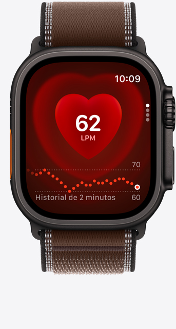 Apple Watch Ultra 4, caja de titanio, color negro, app Frecuencia Cardiaca, medición actual de latidos por minuto, correa Trail, color ocre oscuro (café)