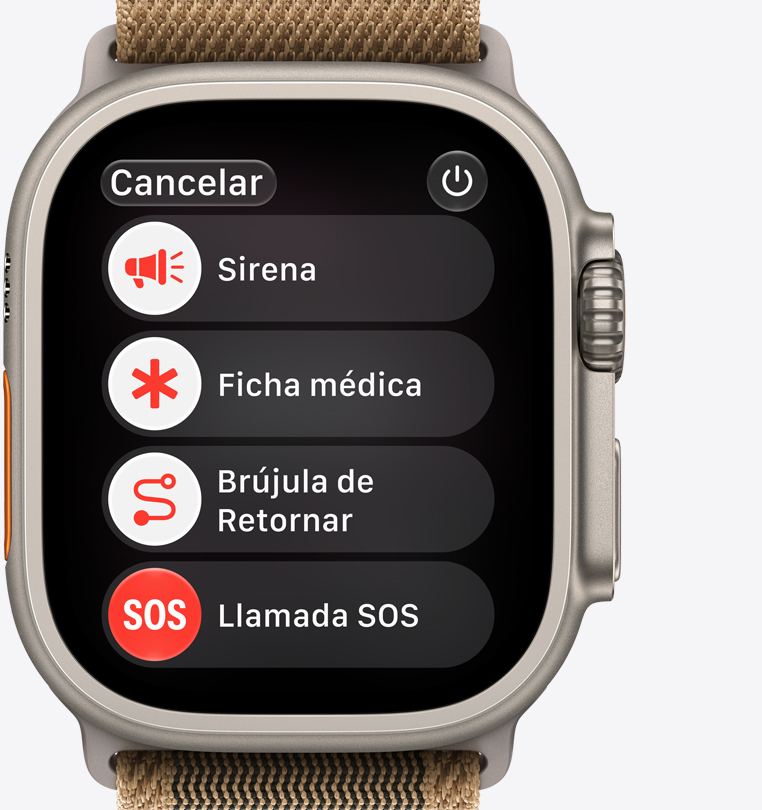 Apple Watch Ultra 4, caja de titanio, color natural, opciones de ayuda ante una emergencia en pantalla: sirena, Ficha Médica, Brújula de Retornar, llamada de emergencia
