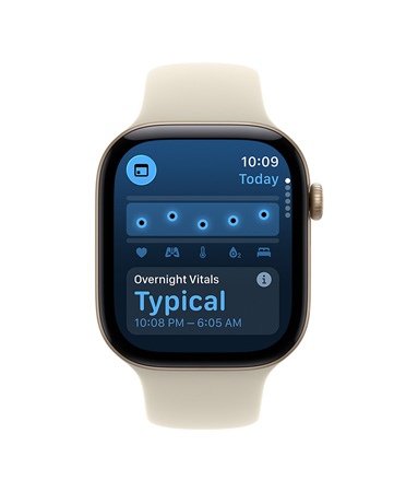 Apple Watch Series 12, aluminum case, space gray color, Vitals app, chart scoring health, overnight vitals typical notification, Sport Band, sand color (pale tan)