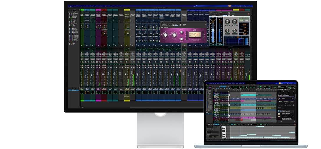 „Studio Display“ ir „Mac“ nešiojamasis kompiuteris, rodantys sesiją „Pro Tools“ programoje su „Splice“ integracija; nanotekstūros stiklas sumažina atspindžius tamsiame programos ekrane
