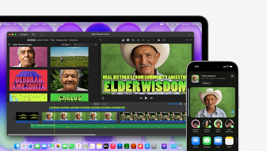 MacBook Neo sudraba krāsā, ekrānā tiek rādīts iMovie logs ar nosaukumu Elder Wisdom Project, blakus iPhone ekrānā tiek rādīts video ar vienu no personām, kas attēlotas iMovie logā, zem video ir kopīgošanas iespēju saraksts, to skaitā AirDrop