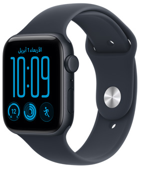 ساعة Apple Watch SE 3، إطار ألومنيوم، لون سماء الليل، الجهة الخارجية اليمنى، التاج الرقمي، الميكروفون، الزر الجانبي، حزام رياضي، لون أسود، نظام إغلاق بمشبك على شكل مسمار، لون فضي معدني