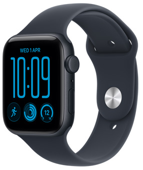 Apple Watch SE 3, aluminum case, midnight color, right side exterior, Digital Crown, microphone, side button, Sport Band, black color, pin-and-tuck closure (silver color pin)