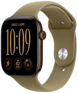 Apple Watch Series 12, aluminum case, dark bronze color, right side exterior, Digital Crown dial, microphone, side button, connected to Sport Band, olive color (earthy green), pin-and-tuck closure (silver pin)