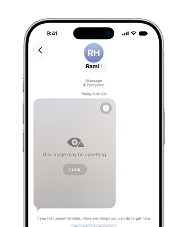 iPhone displaying Communication Safety feature warning user of potential sensitive material being viewed on a Child Account.