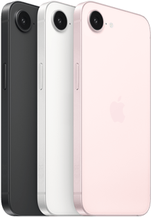 iPhone 17e، الجهة الجانبية والجزء الخارجي الخلفي، لون أسود، الجهة الجانبية والجزء الخارجي الخلفي، لون أبيض، الجهة الجانبية والجزء الخارجي الخلفي، لون زهري ناعم، كاميرا Fusion في الأعلى، الزر الجانبي