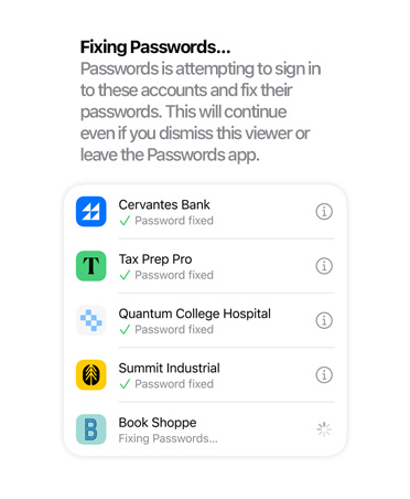 Passwords app reviews passwords and marks them either as security upgraded or compromised passwords.