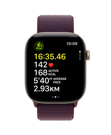 Apple Watch Series 12 in Light Gold Aluminum color and Burgundy Band, displaying workout metrics including time, heart rate, calories, and distance