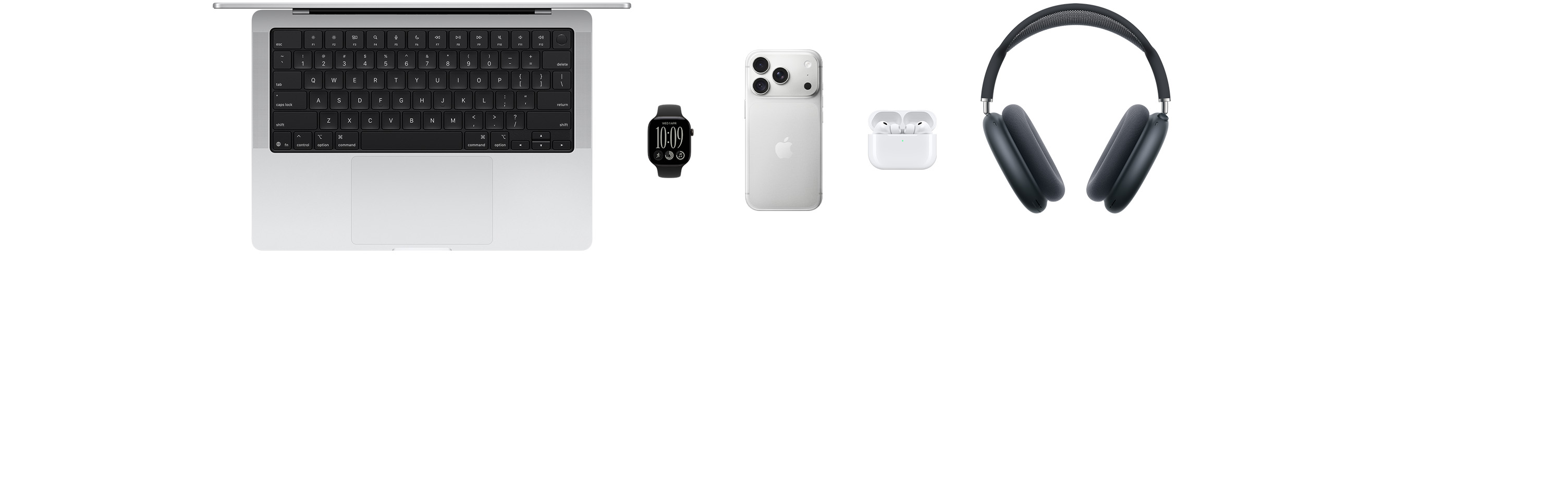 多款 Apple 產品展現眼前，包括 MacBook、Apple Watch Series 11、iPhone 18 Pro、AirPods Pro 3、AirPods Max 2、Apple TV、Apple Pencil Pro 和 iPad Pro