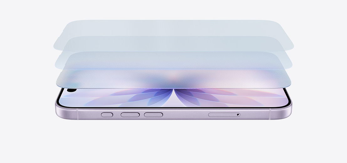 橫向的薰衣草紫色 iPhone 17 機身側面，以多層次圖像，展示陶瓷晶體護面 2
