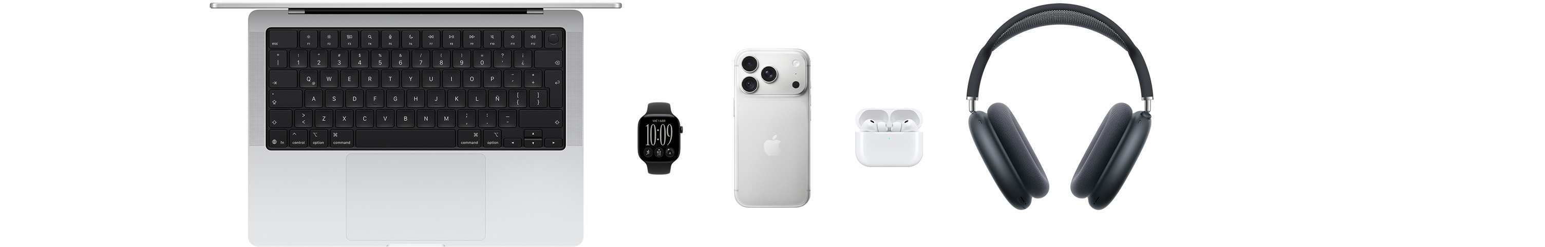 Varios productos Apple, entre ellos, una MacBook Pro, un Apple Watch Series 12, un iPhone 18 Pro, unos AirPods Pro 3 y unos AirPods Max