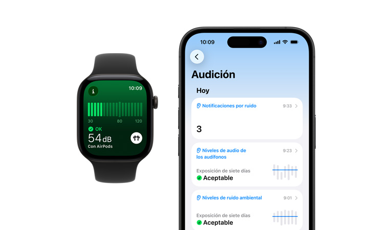 Apple Watch Series 11, caja de aluminio, color plata, app Ruido, correa deportiva amarillo neón, resumen detallado de Audición abierto en el iPhone enlazado